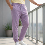 men wearing purple cotton cargo joggers casual streetwear look