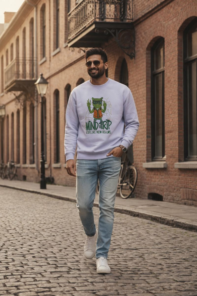 Mind Trip oversized sweatshirt full body street style look, premium unisex streetwear outfit with 400 GSM fabric