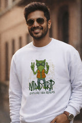 Mind Trip oversized sweatshirt for men and women in white color, 400 GSM heavyweight streetwear front look