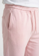 pink cotton joggers elastic waistband close up