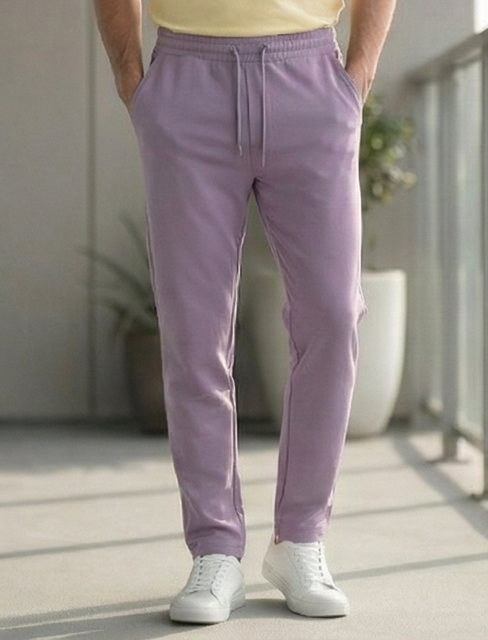 purple cargo joggers close up showing side cargo pocket detail