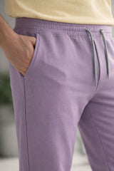 purple cotton cargo joggers for men front view with elastic waistband