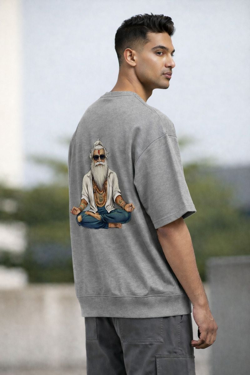 Grey oversized t shirt for men with meditating rishi back print streetwear design