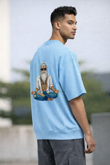 Rishi back print oversized t shirt for men in sky blue color with spiritual sage graphic