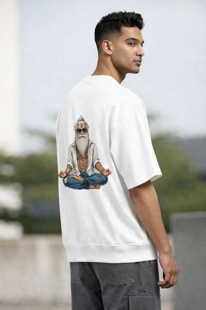 White oversized t shirt with spiritual rishi back graphic for men