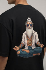 Close up of rishi back print on black oversized t shirt premium graphic detail