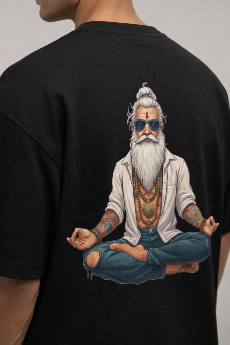 Close up of rishi back print on black oversized t shirt premium graphic detail