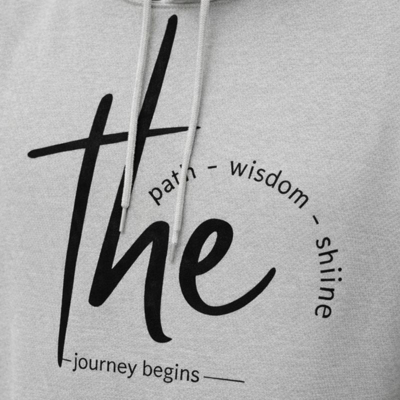 The Journey Begins hoodie graphic print close up, high quality minimal print on premium fabric