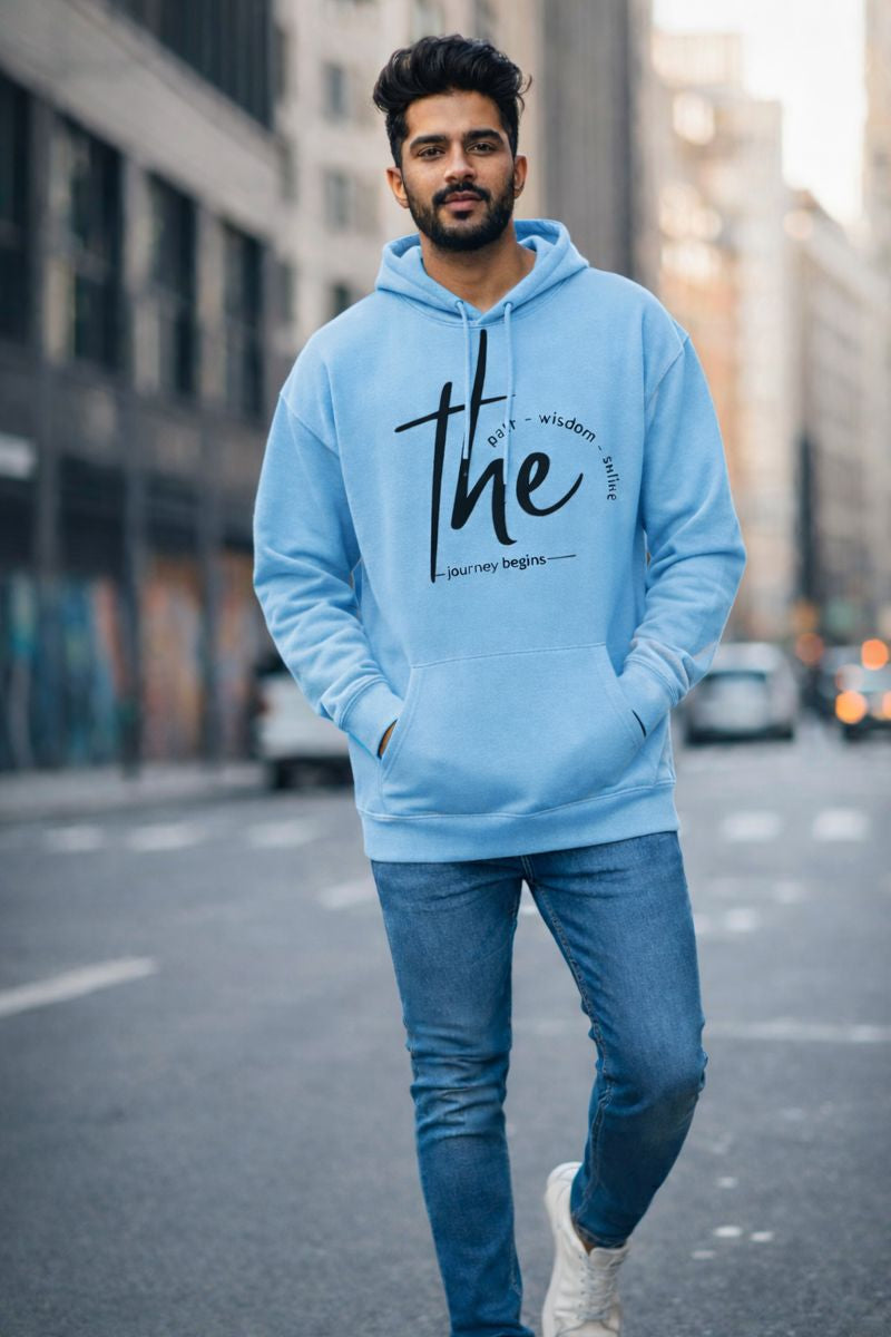 The Journey Begins oversized hoodie for men in blue color, relaxed fit urban streetwear look