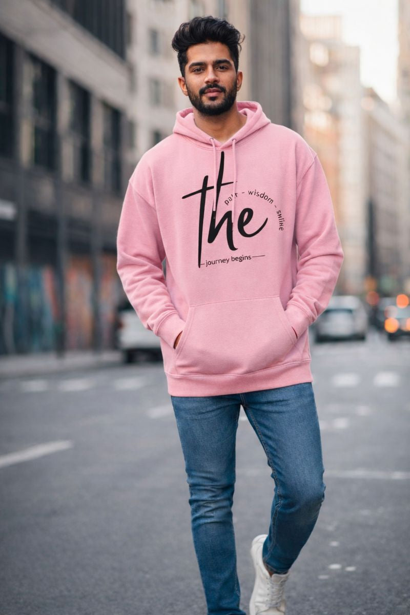 The Journey Begins oversized hoodie for men in pink color, modern streetwear fashion