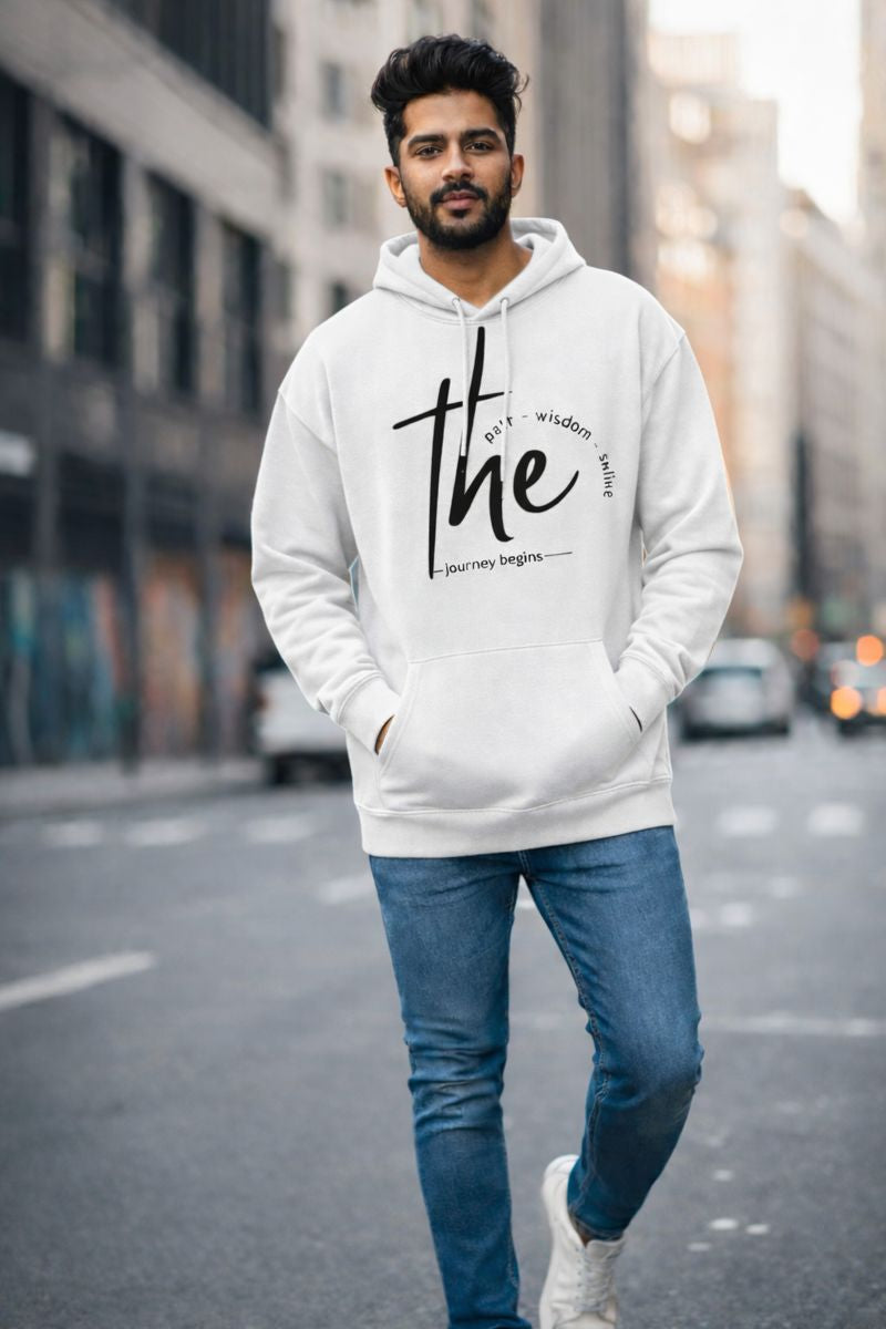 The Journey Begins oversized hoodie for men front view in white color, premium streetwear style